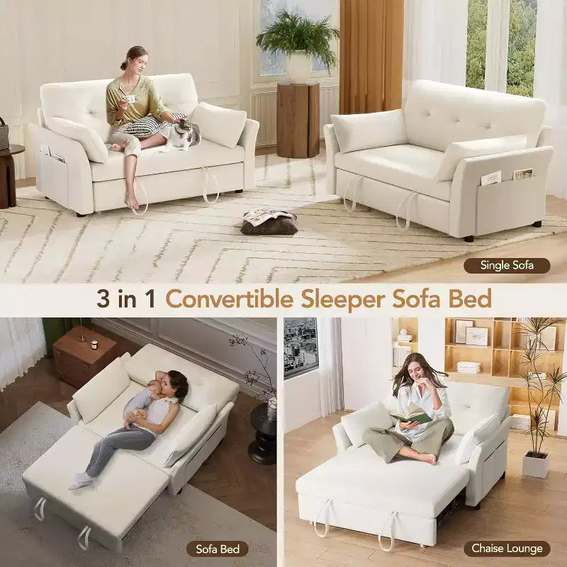 Dyonery 3-in-1 Convertible Sofa Bed, Pull Out Sleeper Sofa with Side Pocket & Adjustable Backrest, Tool-Free Assembly, Folding Loveseat