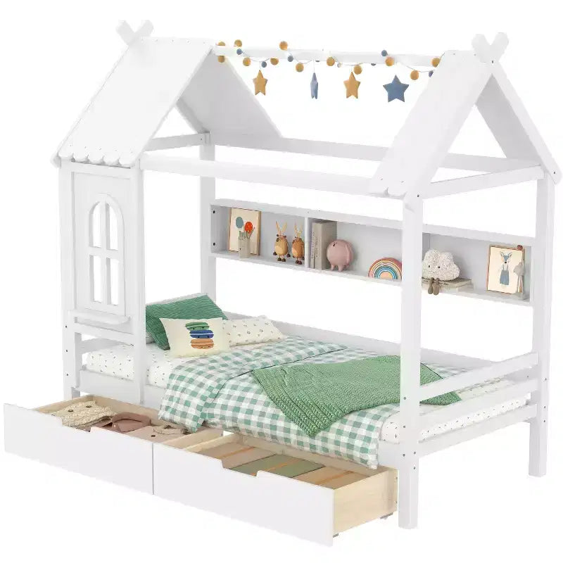 House Platform Bed with Storage Drawers and Window, Solid Wood Frame with Shelves, Childlike Fun Design, Light White