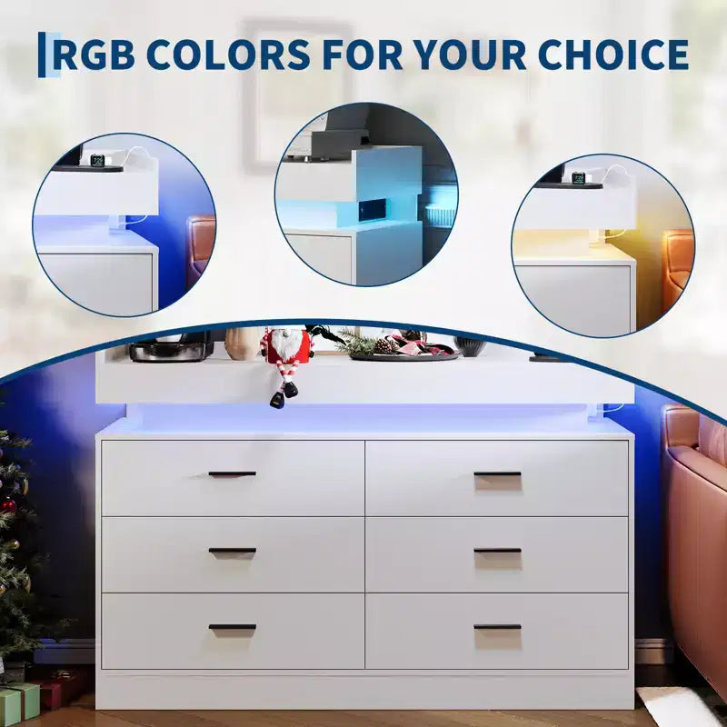 Modern TV Stand with 6 Drawers & LED Lights, Floating Countertop Coffee Bar for Living Room Entertainment Center