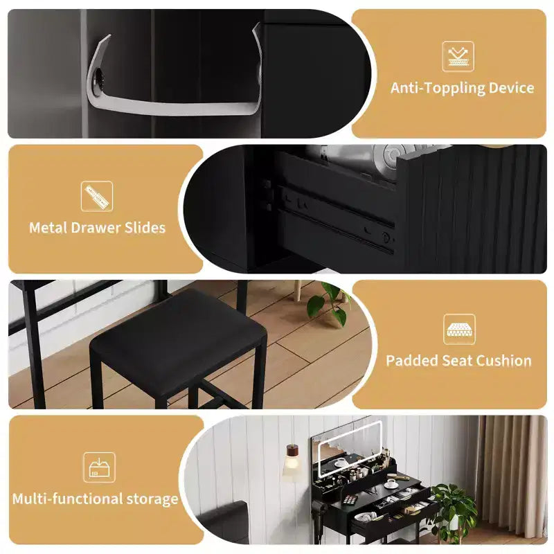 Vanity Desk with Mirror and Lights, LED Lighted Mirror Design, Ample Storage Drawers for Cosmetics and Toiletries Organization