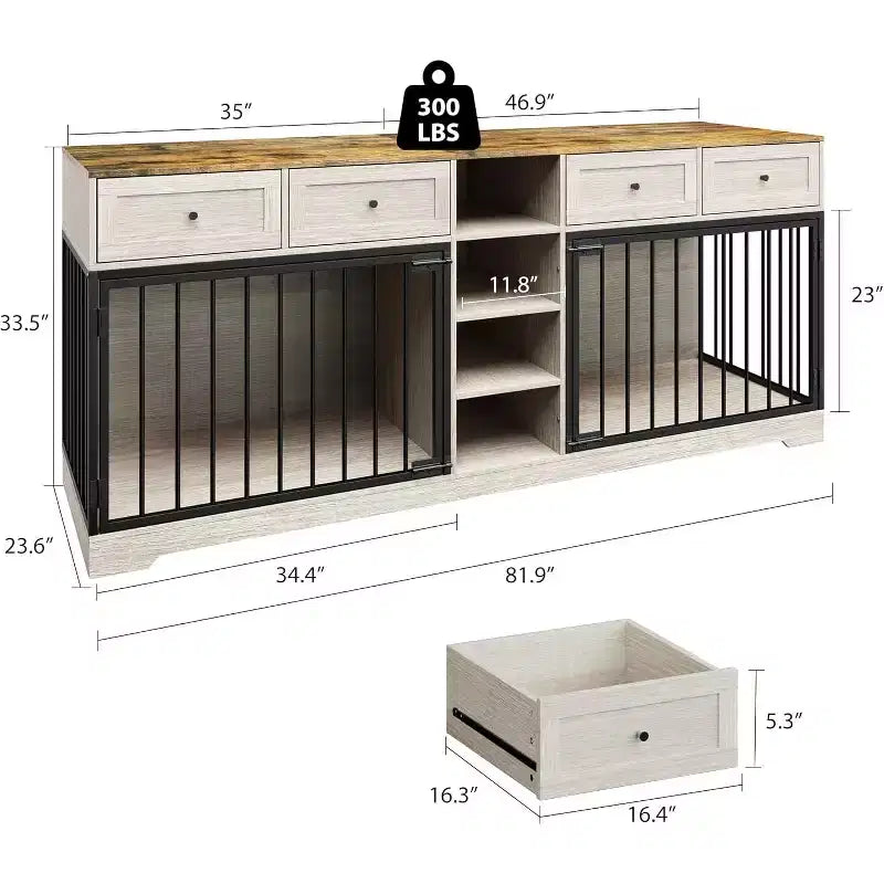 82 Double Dog Crate Furniture, Large Dog Kennel Indoor for 2 Dogs, Heavy Duty Wooden Dog Crate TV Stand with 4 Drawers and Shelves