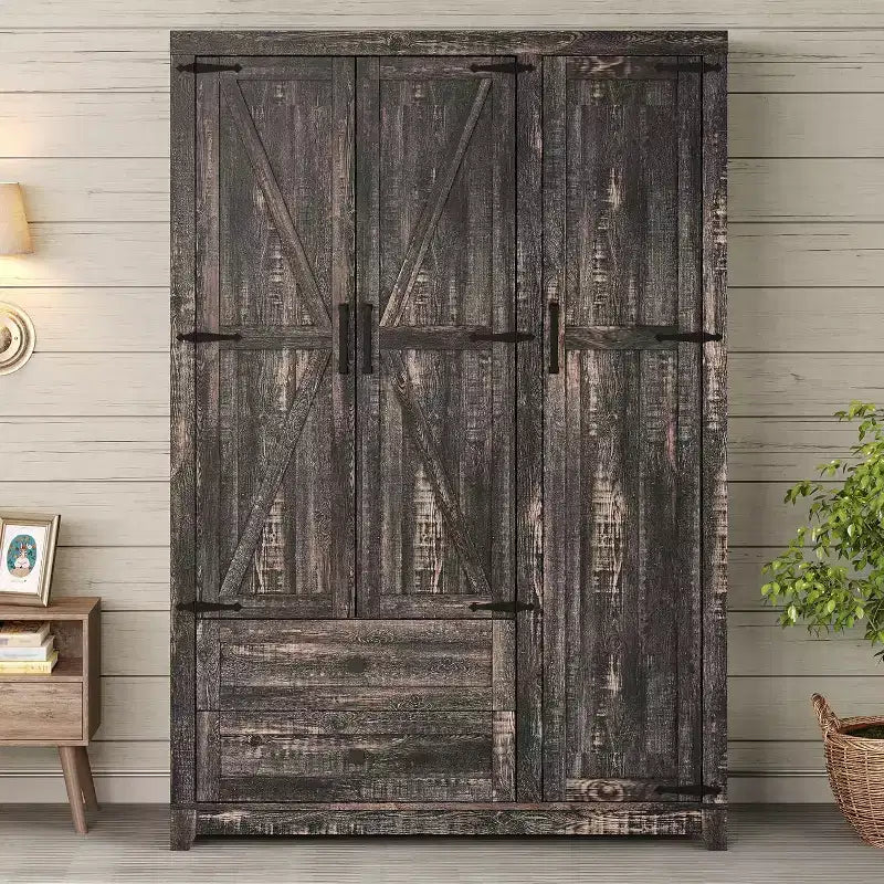 AMERLIFE 47 Farmhouse Wardrobe Armoire with 3 Doors, 2 Drawers, Hanging Rod & Adjustable Shelves, Freestanding Closet Organizer