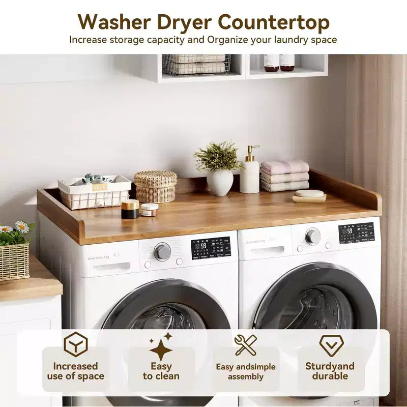 Washer Dryer Countertop, Laundry Topper with Raised Edge & Non-Slip Pad for Hamper Counter Storage & Laundry Room Organization