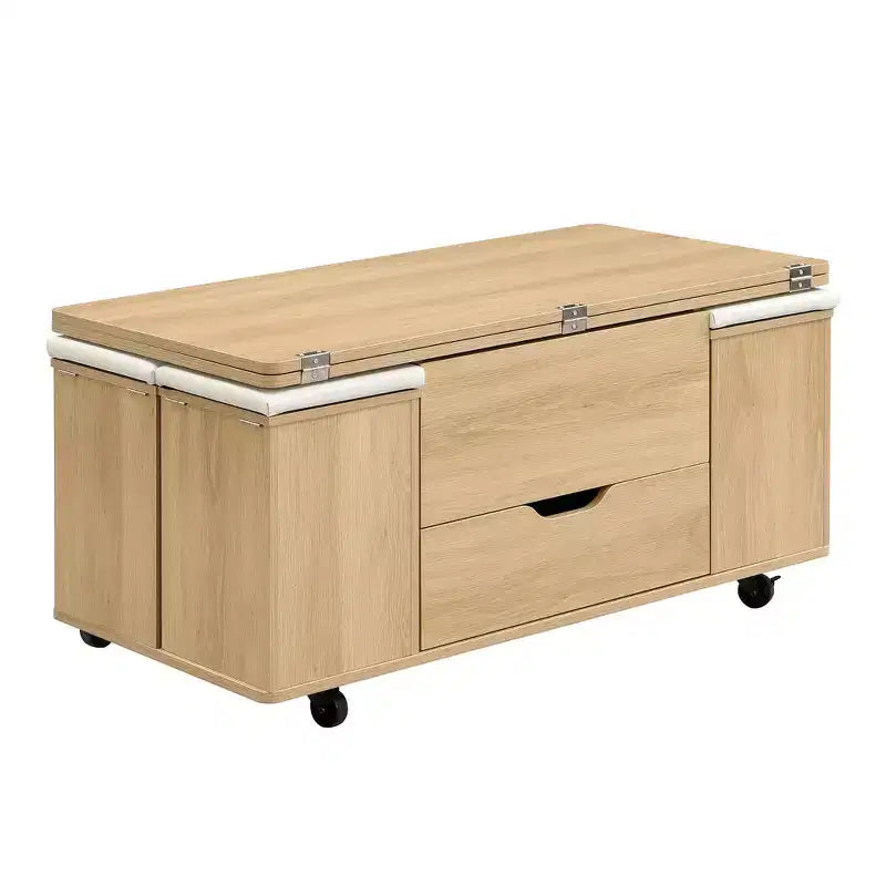 Multi-Function Modern Lift-Top Coffee Table with Hidden Storage, 4 Stools and Casters, Perfect for Modern Living Spaces