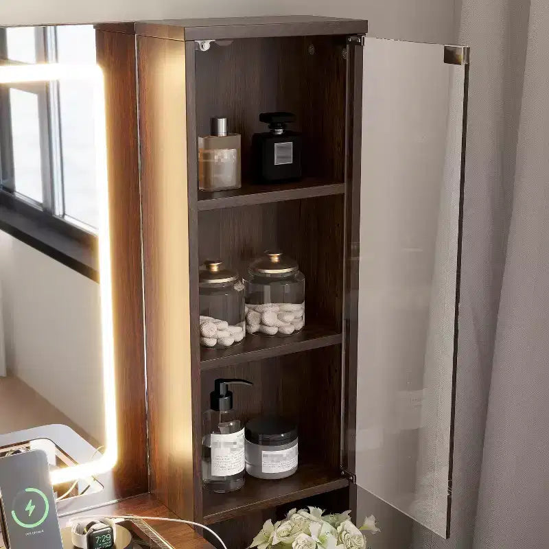 JVNOXK 43.5-inch Modern Vanity Set with Mirror and Light, Featuring Drawers and Clear Glass Cabinet, Includes Stool and Charging Station, Brown