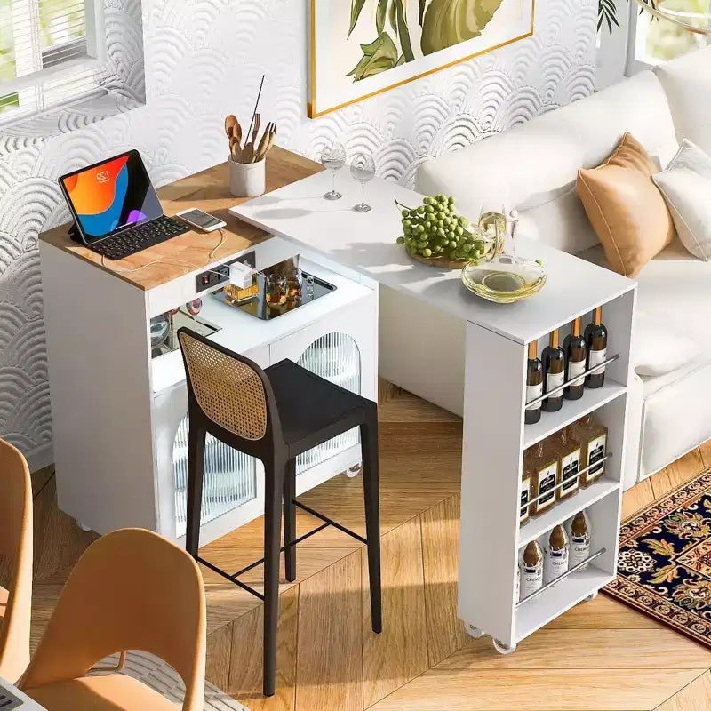 Îlot de cuisine roulant avec 2 portes en verre, Desserte de cuisine avec table extensible et prises de courant, Îlot de cuisine avec étagères ouvertes latérales