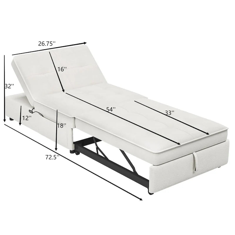 72.5 Linen 4-in-1 3-Seater Sleeper Sofa with 5-Level Adjustable Backrest And Storage Pocket
