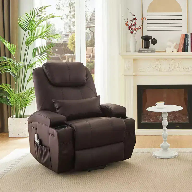Bestier 34.6'' Electric Power Lift Asist Recliner Chair with Massage and Heat, Fax Leather Reclining Chair with Side Pockets & Cup Holders
