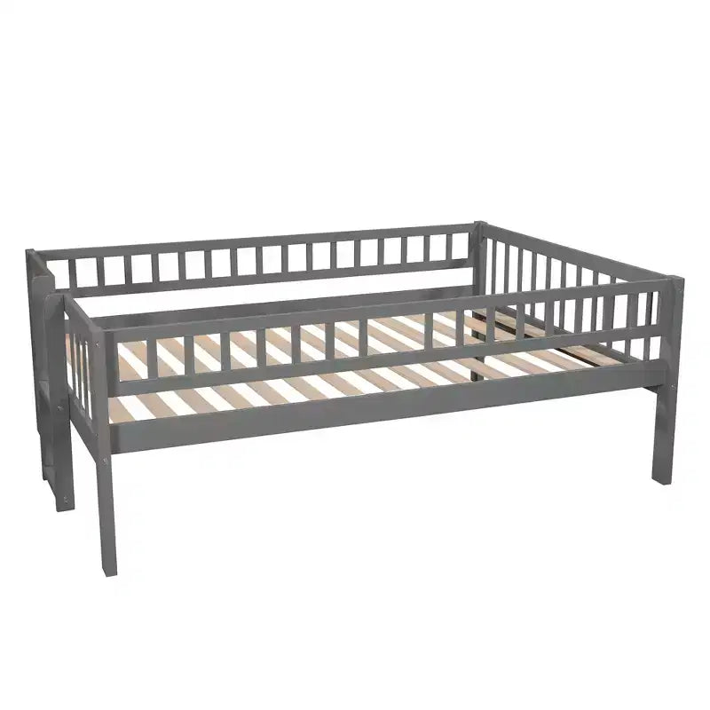 Full Over Full Triple Bunk Bed with Convertible Ladder and Slide, Triple Bed with Guardrails, White/Gray/Espresso - ModernLuxe