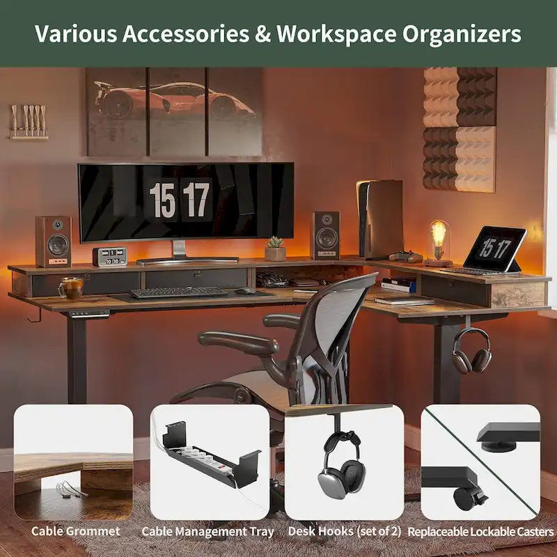 L-Shaped Electric Standing Desk with 3 Drawers & Lockable Casters, 63