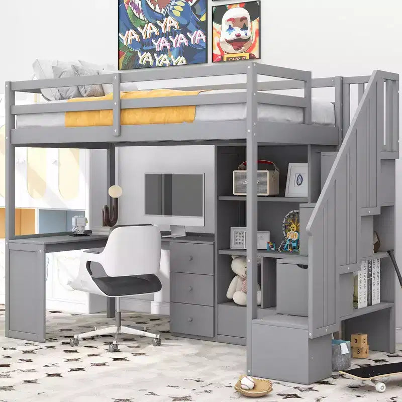 Twin Size Loft Bed with L-Shaped Desk, 3 Drawers, Cabinet, Staircase Storage, Solid Pine/MDF Build