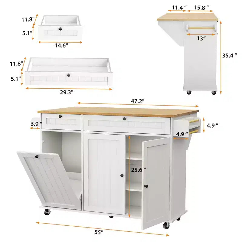 55 Mobile Island Table with Power Outlet & Drop Leaf, Kitchen Rolling Island Kitchen Island Cart with Trash Storage Cabinet for Kitchen