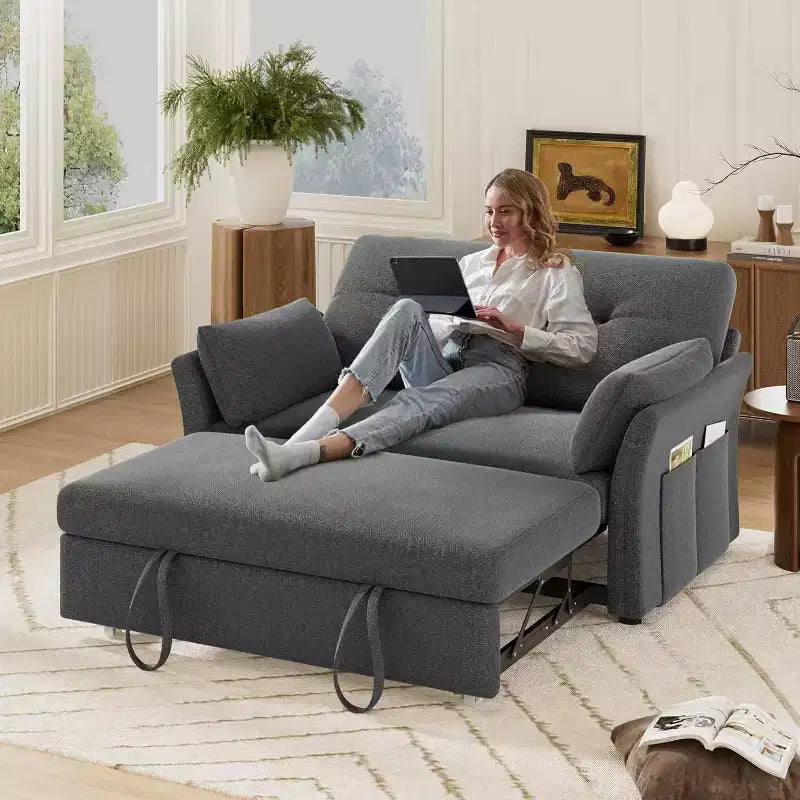 Dyonery 3-in-1 Convertible Sofa Bed, Pull Out Sleeper Sofa with Side Pocket & Adjustable Backrest, Tool-Free Assembly, Folding Loveseat