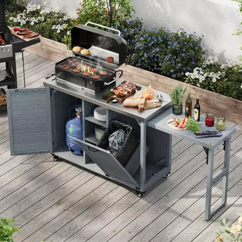 FAMYYT 78.3-Inch Outdoor Kitchen Island with Stainless Steel Countertop, Foldable BBQ Station, and Storage Cabinets, Grey Blue