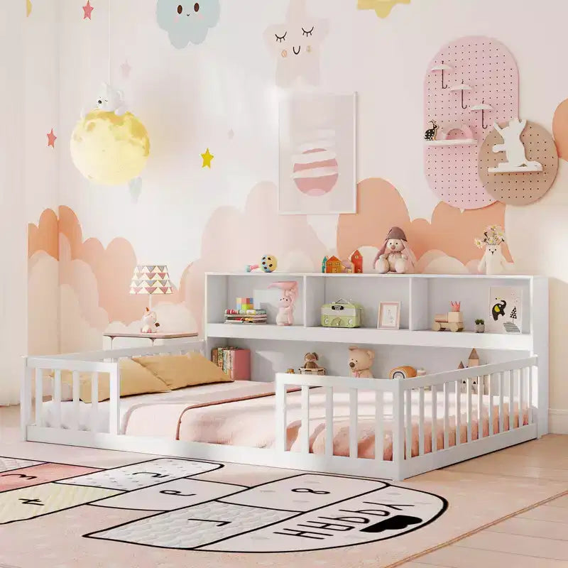 Twin/Full Size Montessori Floor Bed with Bookcase Storage Shelves & Safety Fence Rails White/Gray