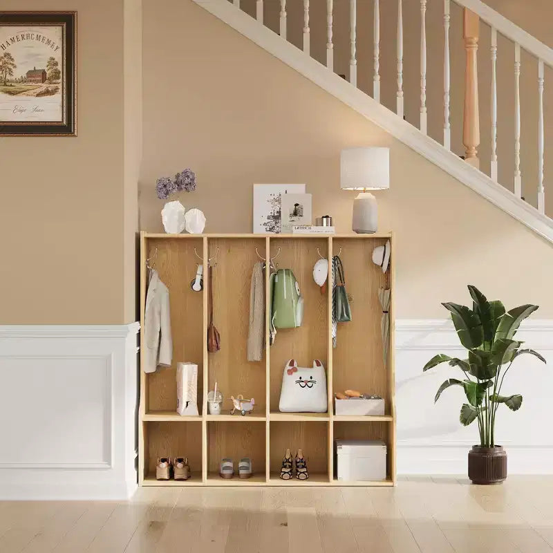 Brown/White 4-Section Cubby Locker with 8 Hooks, for Kids