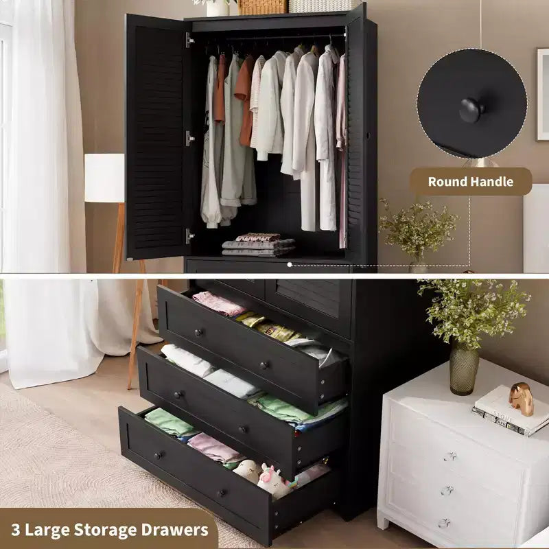 COZONY Armoire Wardrobe with 3 Drawers & 2 Doors, Modern Wooden Closet Cabinet for Bedroom, Heavy Duty White Standing Armoire