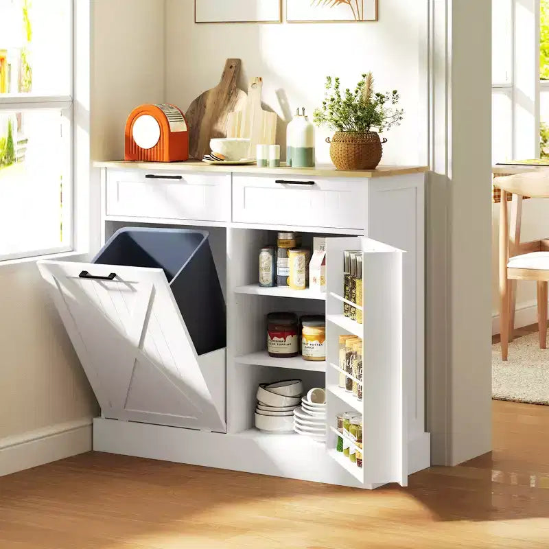 HOMCOM Tilt Out Trash Can Cabinet with Drawers, Farmhouse Kitchen Cabinet with Hidden Trash Can for Kitchen