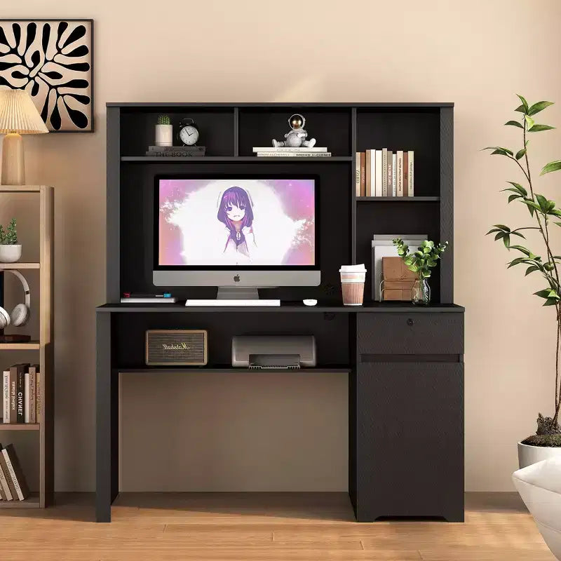 Bureau informatique moderne de 130 cm avec huche et étagère, bureau avec grand rangement, bureau d'écriture pour l'étude, salle de lecture