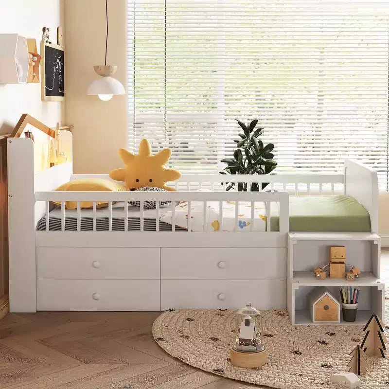 Whisen Low Twin Loft Bed with LED Lights, House Shape Headboard & Storage Drawers, Solid Construction