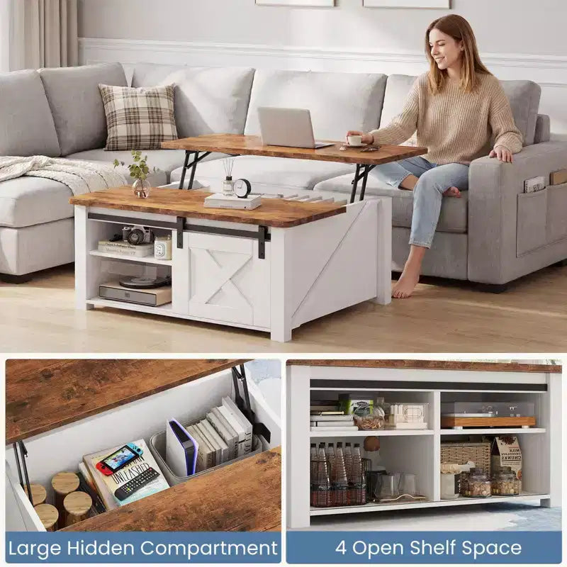 JIONJOY 31.5 Lift Top Coffee Table with Large Hidden Storage, Adjustable Shelves, Farmhouse Square Center Table for Living Room, Small Spaces