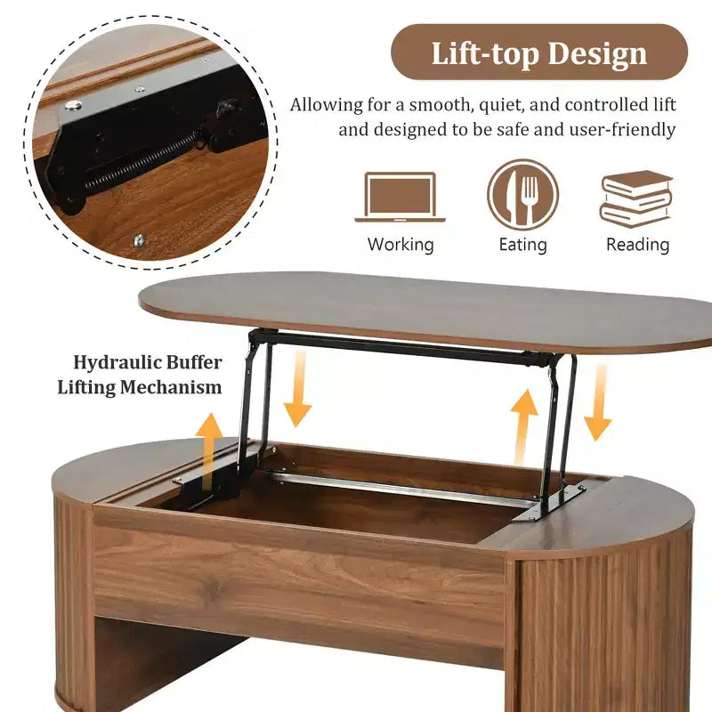 Table basse relevable de 120 cm avec compartiment de rangement caché, ovale, marron