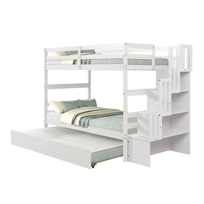 Twin over Twin Bunk Beds With Twin Trundle and Stairway Storage Function in Grey Color