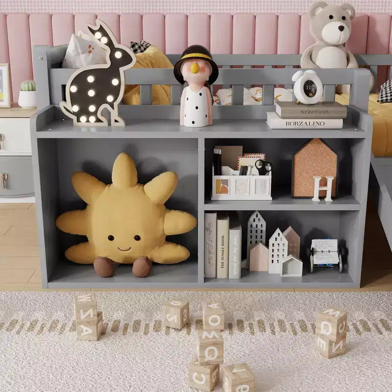 Whisen Twin Size Low Loft Bed Frame for Kids with Slide, Movable Bookshelf Storage, Guardrails, Low Loft Bed Frame