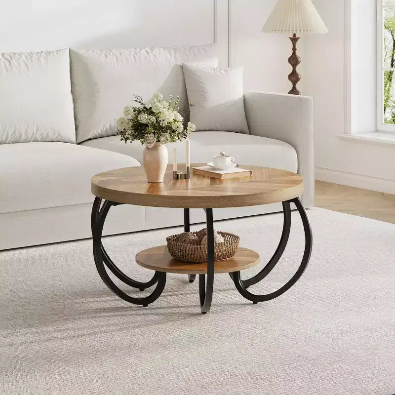 30 Inch Round Industrial Coffee Table 2-Tier with Adjustable Feet Wood Grain Shelf Flame Design Easy Assembly Living Room