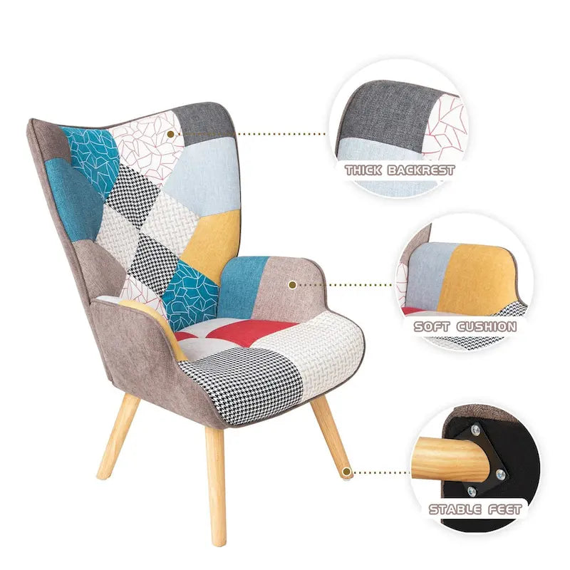 Accent Chair with Ottoman, Living Room Chair and Ottoman Set, Comfy Side Armchair for Bedroom, Creative Splicing Cloth Surface
