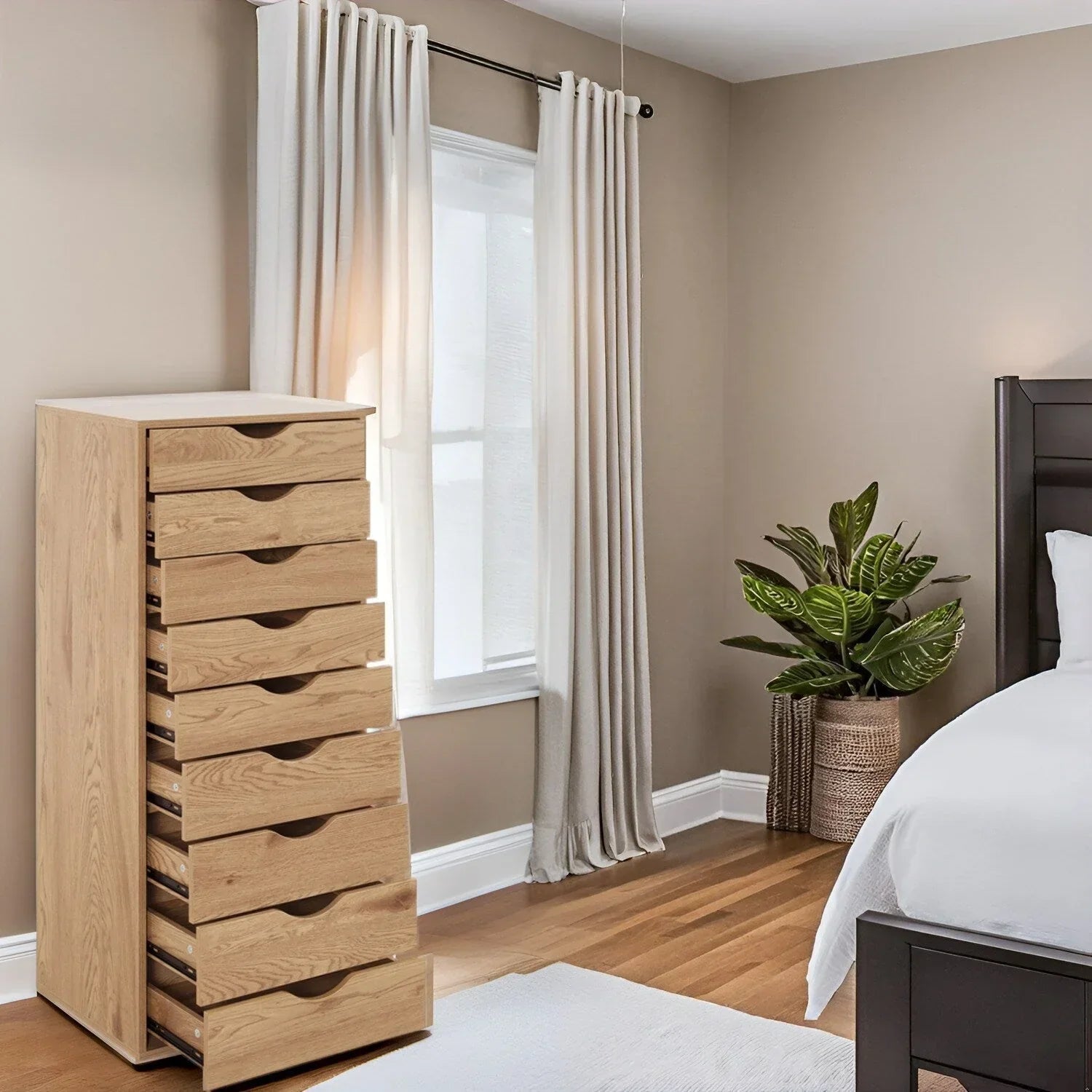 Étroite commode en bois à 9 tiroirs coulissants et étagère de rangement supérieure