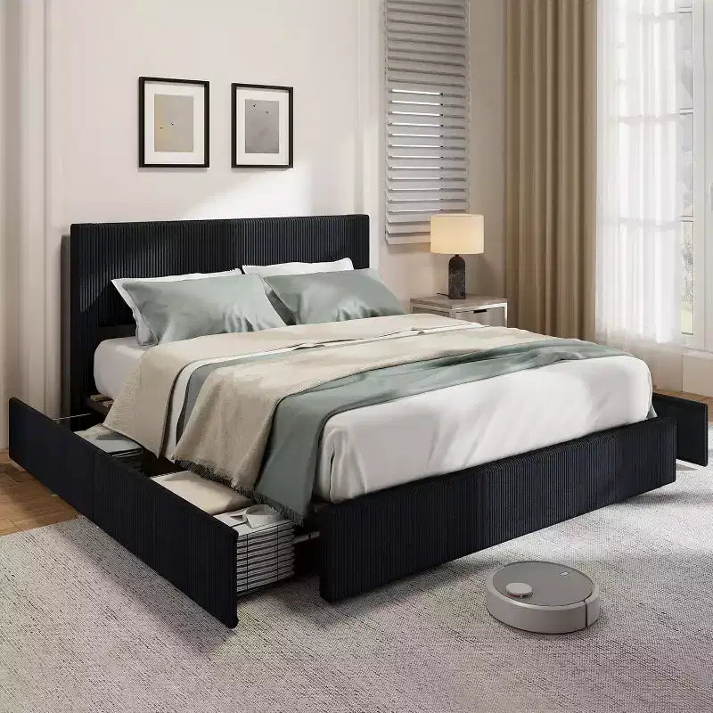 CuisinSmart Cadre de lit en velours côtelé avec tête de lit, cadre de lit rembourré avec plateforme, 4 tiroirs de rangement et support à lattes en bois