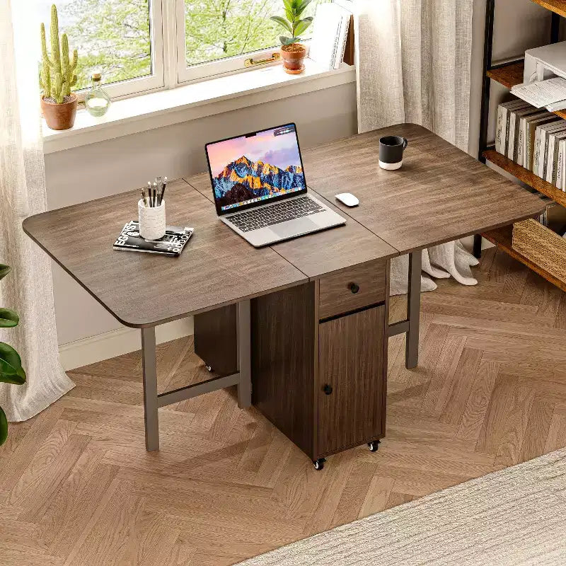 ATJafurn 59'' Foldable Dining Table with Drop Leaves for Small Space, Rectangular Wooden Extendable kitchen Table with Wheels and Storage