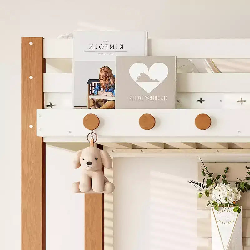 Modern Loft Bed with Clothes Hook, Storage Shelves and Underbed Space