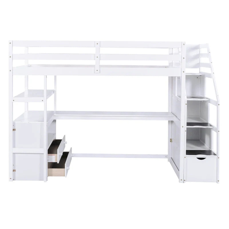 Twin Size Loft Bed with Desk and Shelves, Two Built-in Drawers, Storage Staircase