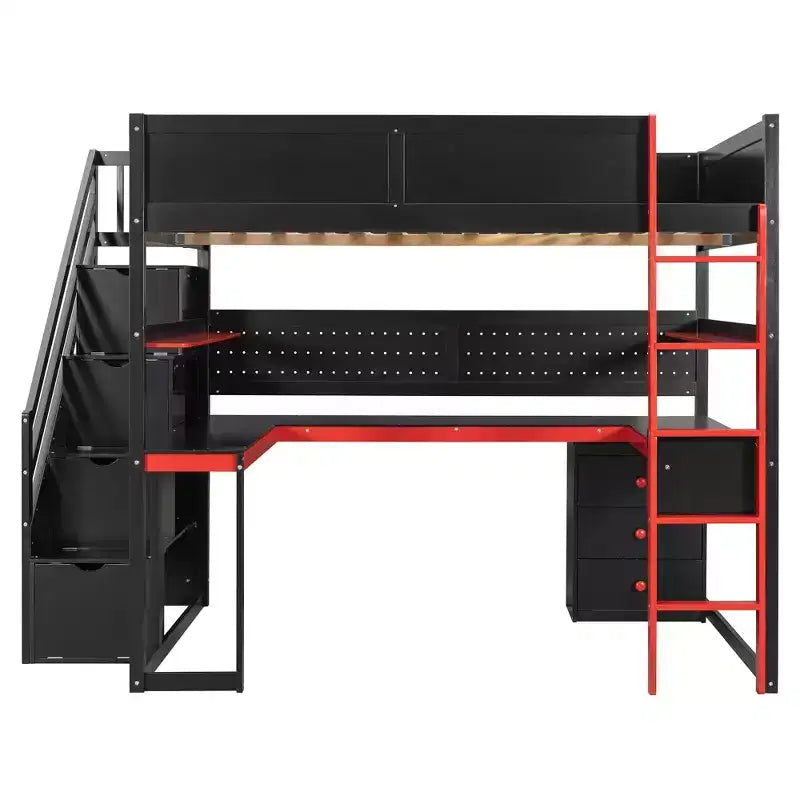 GDFStudio Scott Wooden Gaming Loft Bed with Storage Stairs, Desk, Shelves & Pegboard