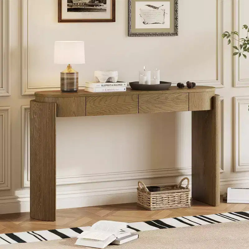 Merax Modern Oval-Top Console Table with Fluted Curved Legs & Dual Hidden Drawers