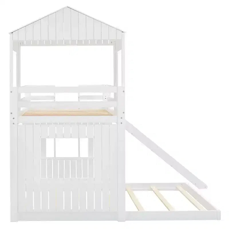 Luxystar Twin Over Full Wood Bunk Bed with Playhouse, Slide and Guardrails