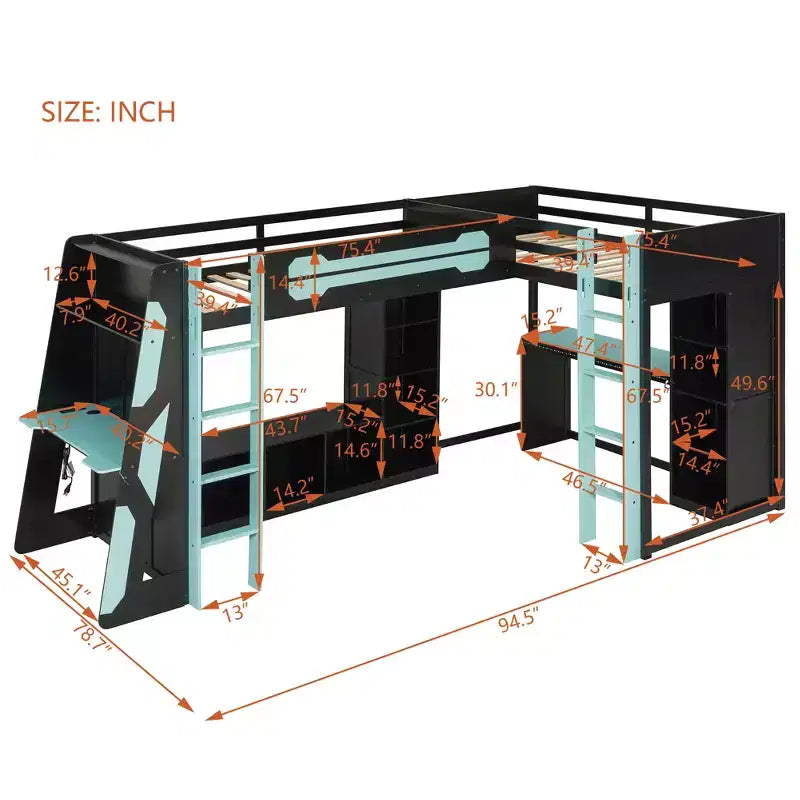 L-Shaped Gaming Loft Bed with Desks, Double Twin Loft Beds with LED Lights, USB Ports, Storage Bookshelves, Wood Corner Loft Bed for 2