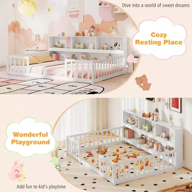 Twin/Full Size Montessori Floor Bed with Bookcase Storage Shelves & Safety Fence Rails White/Gray