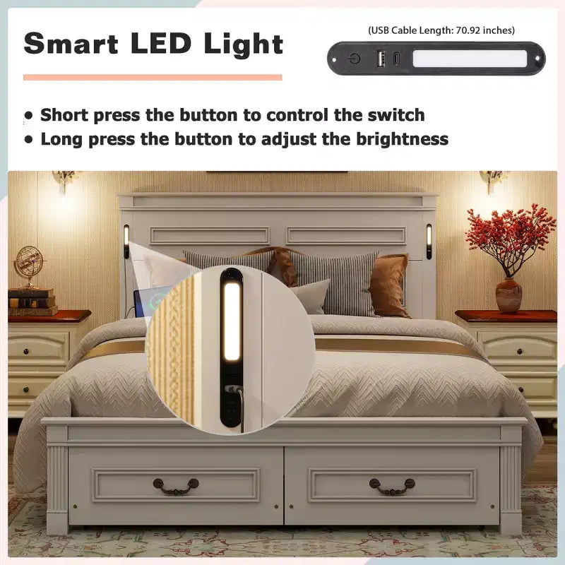 ModernLuxe Lit plateforme Queen/King Size avec tête de lit haute, cadre de lit rustique en bois avec 2 tiroirs, lumières LED et ports USB