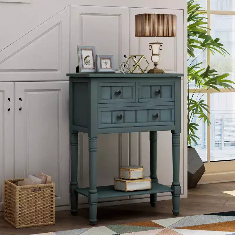 Console étroite de 60 cm avec 3 tiroirs et étagère, table d'appoint pour petite entrée ou salon