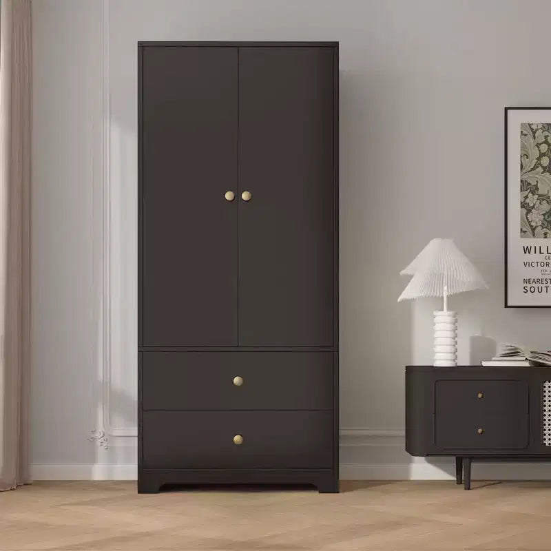 71 Inch Modern Wooden Bedroom Armoire Wardrobe Closet with 2 Doors 2 Drawers Adjustable Shelves Clothing Storage Cabinet and Hanging Rod