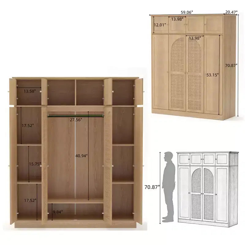 70.87Tall 8-Door Large Capacity Armoire Wardrobe Closet with Hanging Rod, Adjustable Shelves and Rattan Decorative Doors