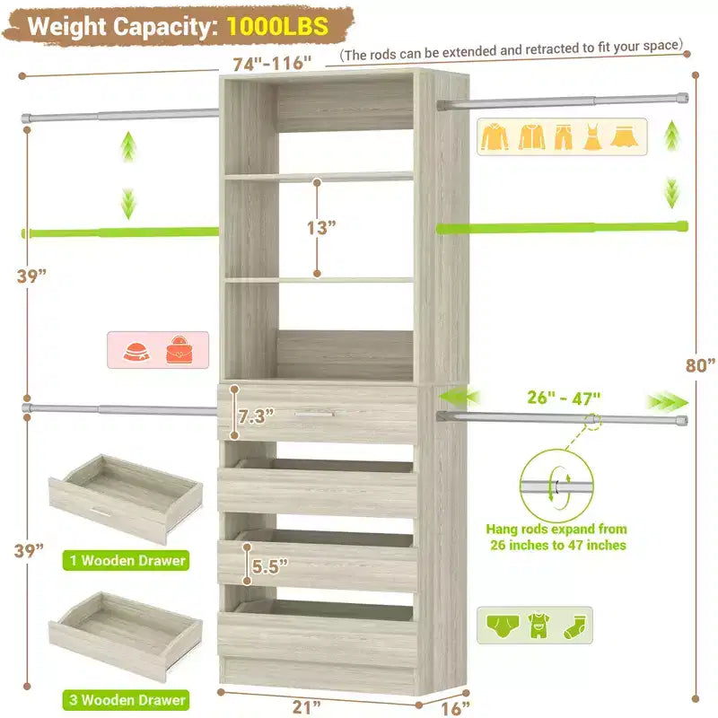 Besiost 4-9 Ft Wooden Closet Organizer System with 4 Drawers, 4 Hanging Rods & Shelving Towers