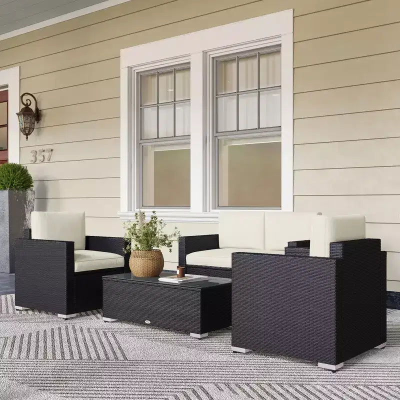 4 Pieces Rattan Sofa Set Wicker Patio Sofa Set with Loveseat Chairs Glass Top Coffee Table for Garden Outdoor