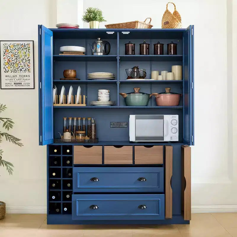 Whisen 71'' Tall Freestanding Kitchen Pantry, Large Dining Storage Cabinet Cupboard Sideboards With 4 Foldable Doors, Shelves, Wine Racks