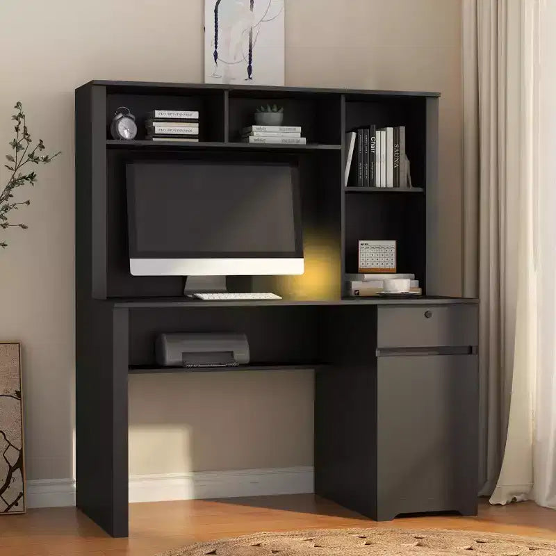Bureau informatique moderne de 130 cm avec huche et étagère, bureau avec grand rangement, bureau d'écriture pour l'étude, salle de lecture