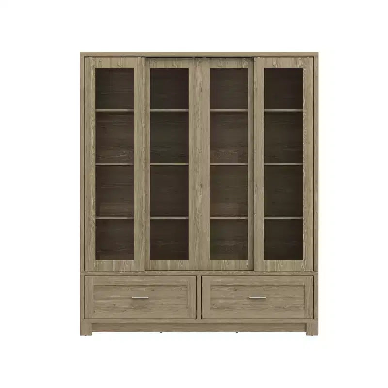 Famapy Light Oak-Grain Display Bookcase: 63W,Sliding Glass Doors + Drawer Storage  Spacious Organizer for Home Libraries & Living Rooms