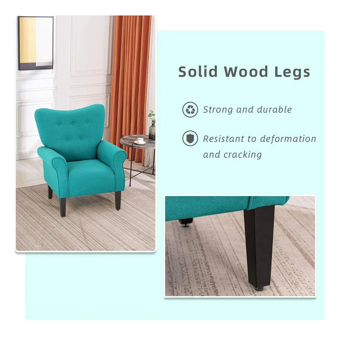 Erommy Modern Accent Chair, High Back Armchair, Upholstered Fabric Button Single Sofa with Wooden Legs for Living Room